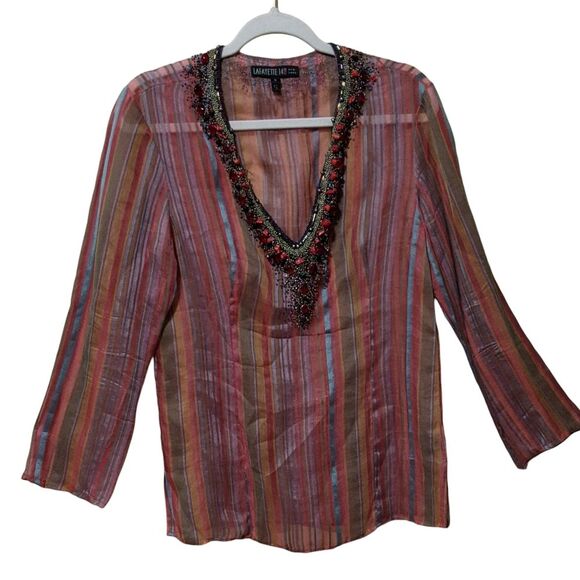 Lafayette 148 New York Tops - Lafayette 148 NY striped silk cotton blend heavily beaded yoke sheer blouse 8